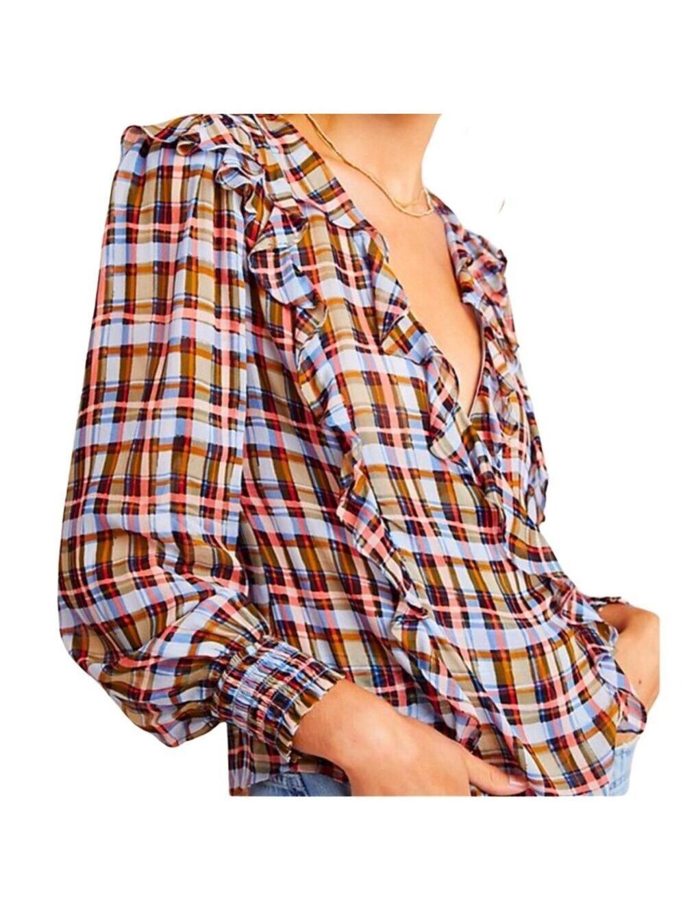 Maeve by Anthropologie Laila Ruffle V-Neck Wrap Front Plaid Blouse, Size 8